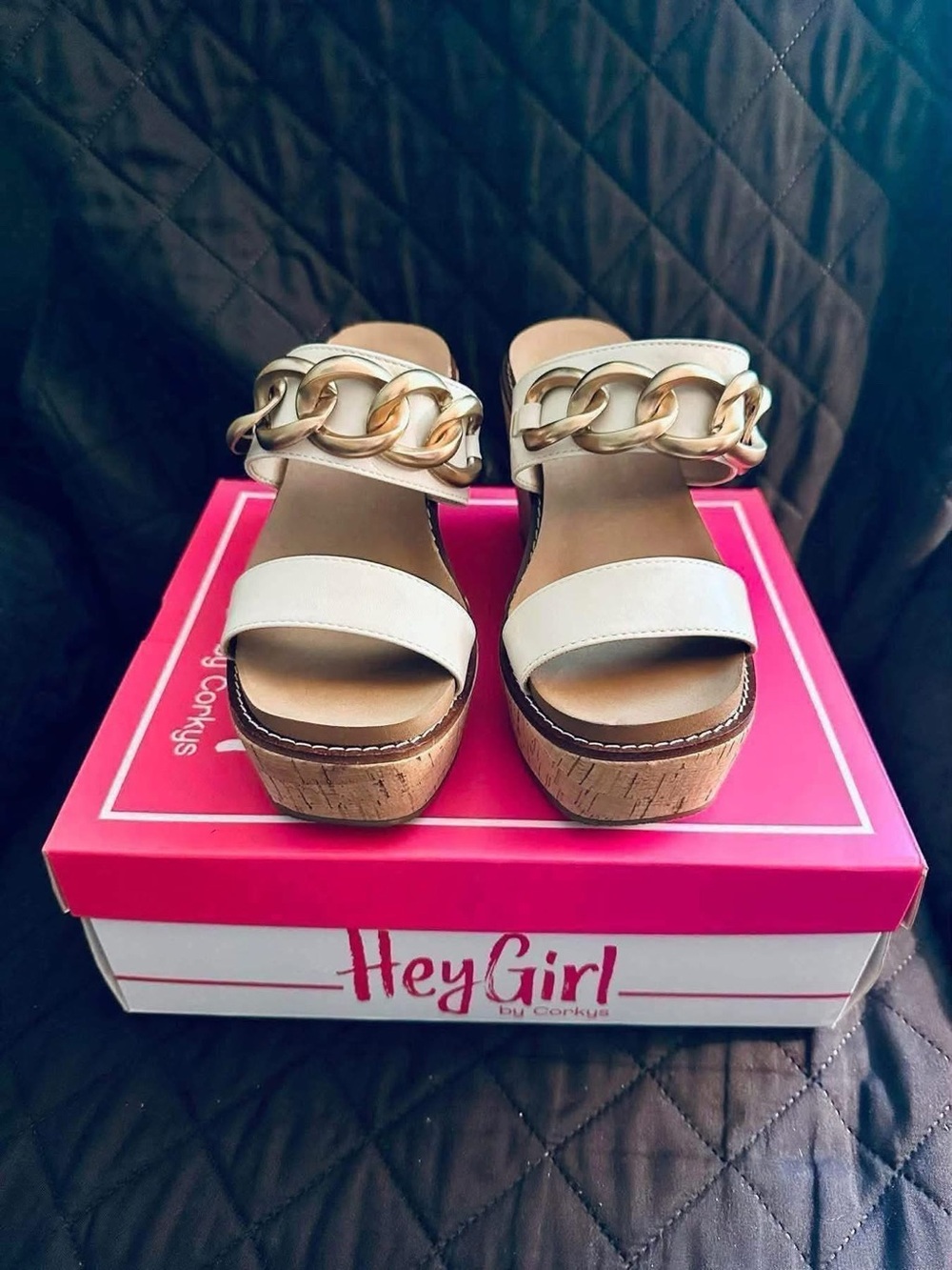 Corkys White Wedge Sandals with Gold Chain Accent